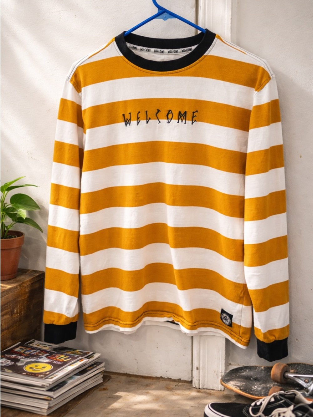 Striped Long Sleeve Tee - Mustard & White Welcome Design